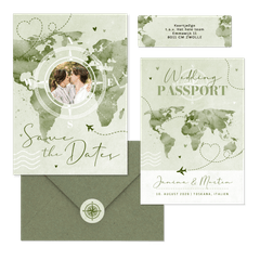 Hochzeitskartenset Aqaurell Weltkarte und Flugzeug in Grün