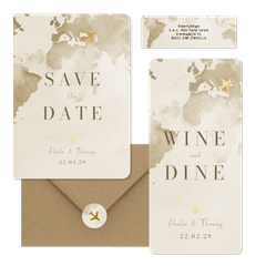 Hochzeitskartenset Aquarell Weltkare in Beige mit goldenem Flugzeug