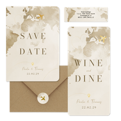 Hochzeitskartenset Aquarell Weltkare in Beige mit goldenem Flugzeug