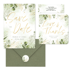 Hochzeitkartenset mit vielen grünen Zweige in Aquarell