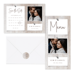 Hochzeitskartenset Fotocollage auf Holzhintergrund