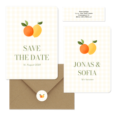 Hochzeitskartenset Mandarine und Zitrone auf gelben Karos