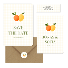 Hochzeitskartenset Mandarine und Zitrone auf gelben Karos