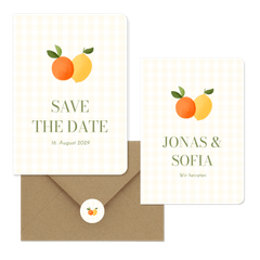 Hochzeitskartenset Mandarine und Zitrone auf gelben Karos