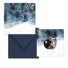 Hochzeitskartenset in blauem Aquarelldesign mit Goldflecken