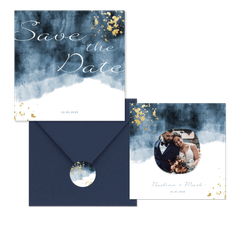 Hochzeitskartenset in blauem Aquarelldesign mit Goldflecken