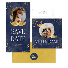 Hochzeitkartenset mit zwei goldenen Schwänen auf Dunkelblau