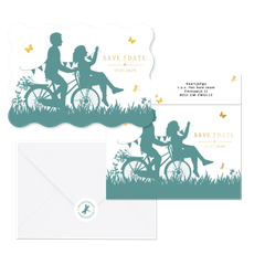 Hochzeitskartenset Scherenschnitt Brautpaar auf Fahrrad