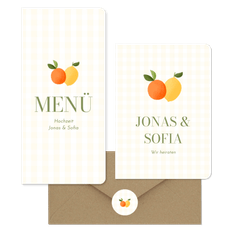 Hochzeitskartenset Mandarine und Zitrone auf gelben Karos