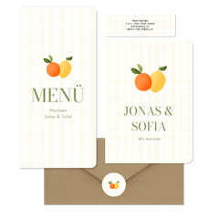 Hochzeitskartenset Mandarine und Zitrone auf gelben Karos