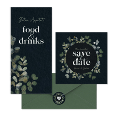 Hochzeitskartenset mit Eukalyptus auf Schwarz