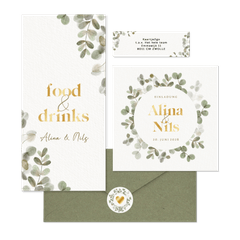 Hochzeitskartenset mit Eukalyptuskranz und Goldschrift