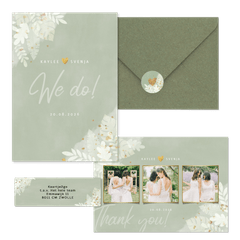 Hochzeitskartenset weiße Zweige auf grünem Aquarell