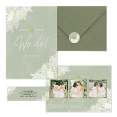 Hochzeitskartenset weiße Zweige auf grünem Aquarell