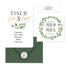 Hochzeitskartenset Eukalyptuszweige mit goldenen Herzchen