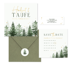 Winterhochzeit Kartenset Tannenbäume in Aquarell auf Hellgrün
