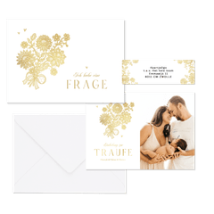 Hochzeitskartenset goldene Blumenspitze auf Weiß