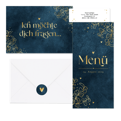 Hochzeitskartenset in Dunkelblau mit goldenen Ranken