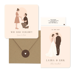 Hochzeitskartenset Illustrationen Brautpaar auf Beige