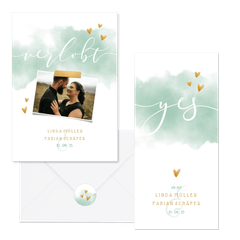 Hochzeitskartenset mintgrün Aquarell mit Herzen