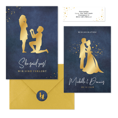 Hochzeitskartenset Goldener Scherenschnitt auf Dunkelblau