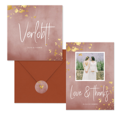 Hochzeitskartenset rosa Aquarell mit Goldtupfen