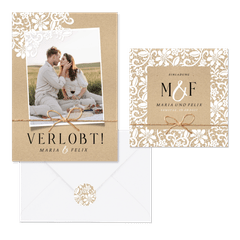 Hochzeitskartenset mit romantischer Spitze auf Kraftpapier