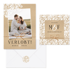 Hochzeitskartenset mit romantischer Spitze auf Kraftpapier