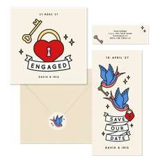 Hochzeitskartenset im Tattoolook Herz und Schwalben