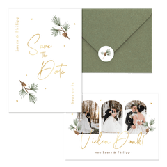 Hochzeitskartenset schlicht Winter Tannenzweige und Zapfen