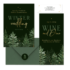 Hochzeitskarten Winterset Tannenbäume in Aquarell auf Dunkelgrün
