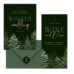 Hochzeitskarten Winterset Tannenbäume in Aquarell auf Dunkelgrün