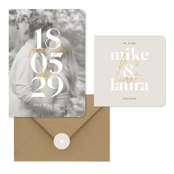 Hochzeitskarten minimalistisch mit Goldschrift