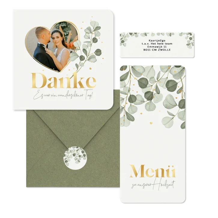 Hochzeitskartenset mit Eukalyptuszweigen & Goldschrift