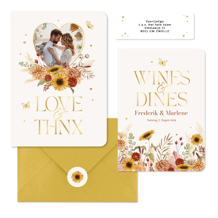 Hochzeitskartenset Blumen & Gräser mit Goldschrift