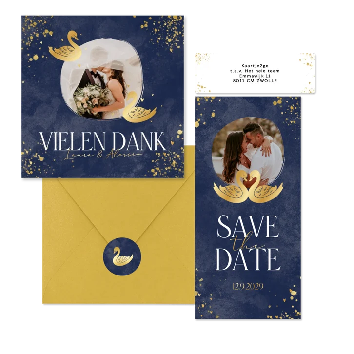 Hochzeitkartenset mit zwei goldenen Schwänen auf Dunkelblau