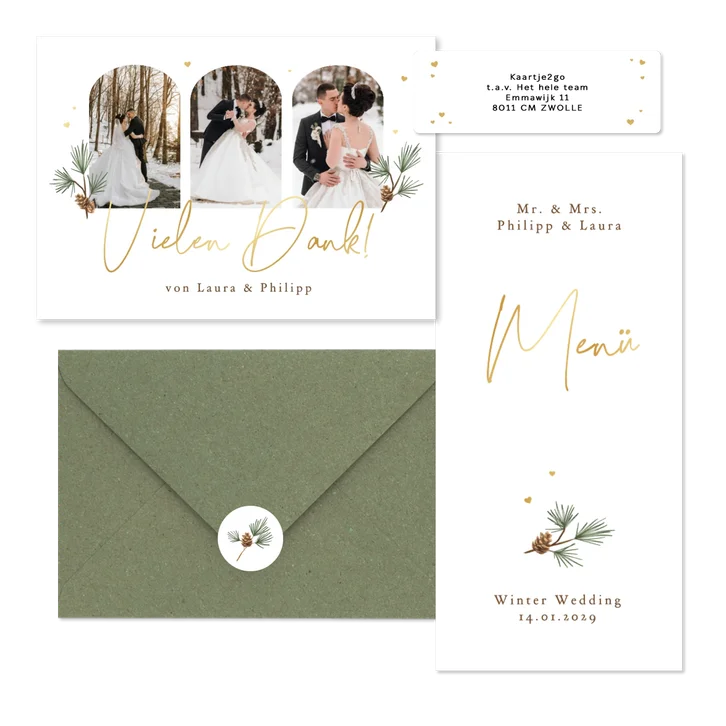Hochzeitskartenset schlicht Winter Tannenzweige und Zapfen