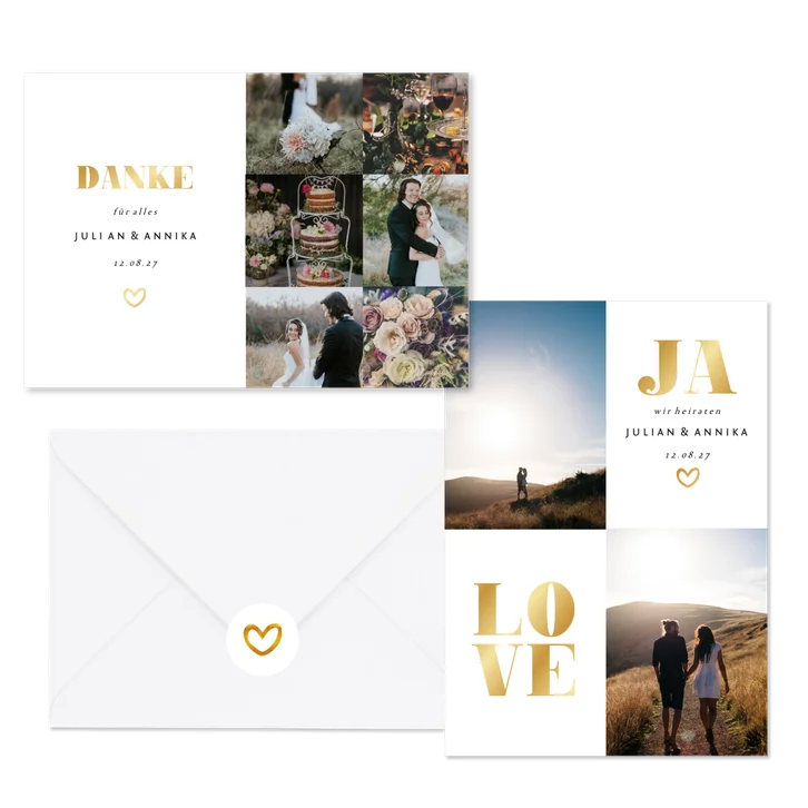 Hochzeitskarten simpel Goldlook mit Fotos
