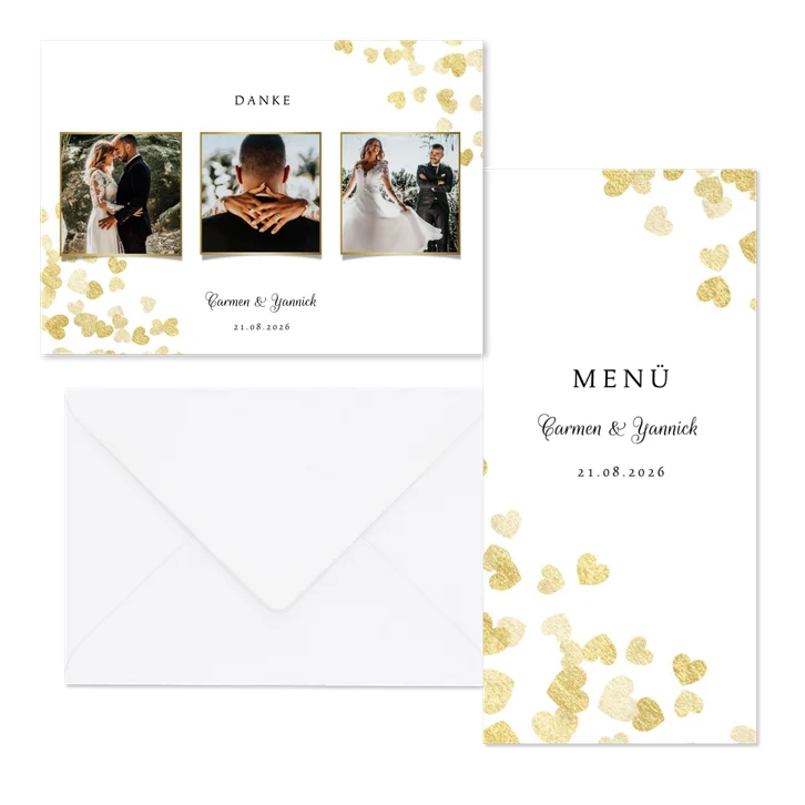 Hochzeitskartenset goldene Herzen Konfetti