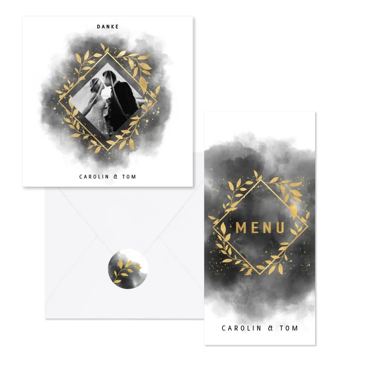 Hochzeitskartenset goldene Zweige auf schwarzem Aquarell