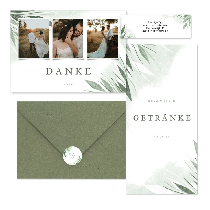 Hochzeitskartenset Zierliche Blätter Mintgrün