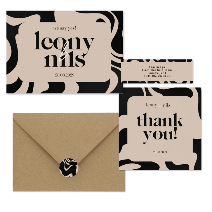 Hochzeitskartenset mit abstrakten Wellenformen Schwarz & Beige