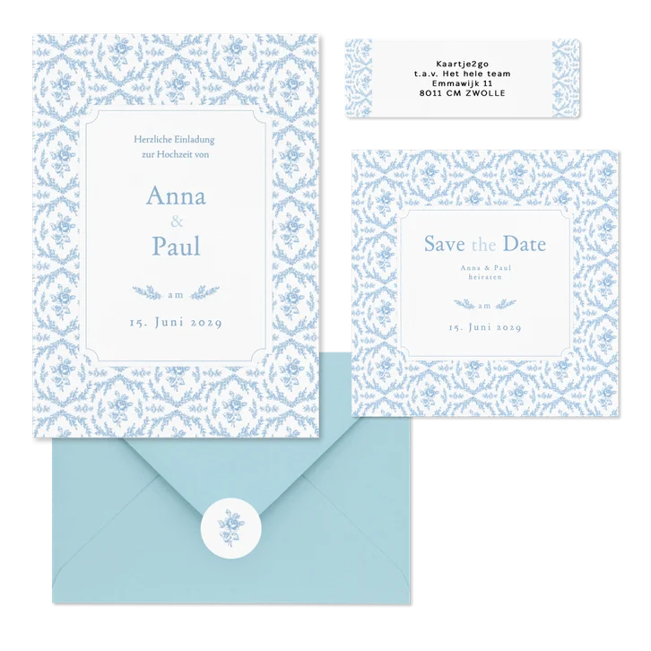 Hochzeitskartenset Hellblau englische Rosen klassisch