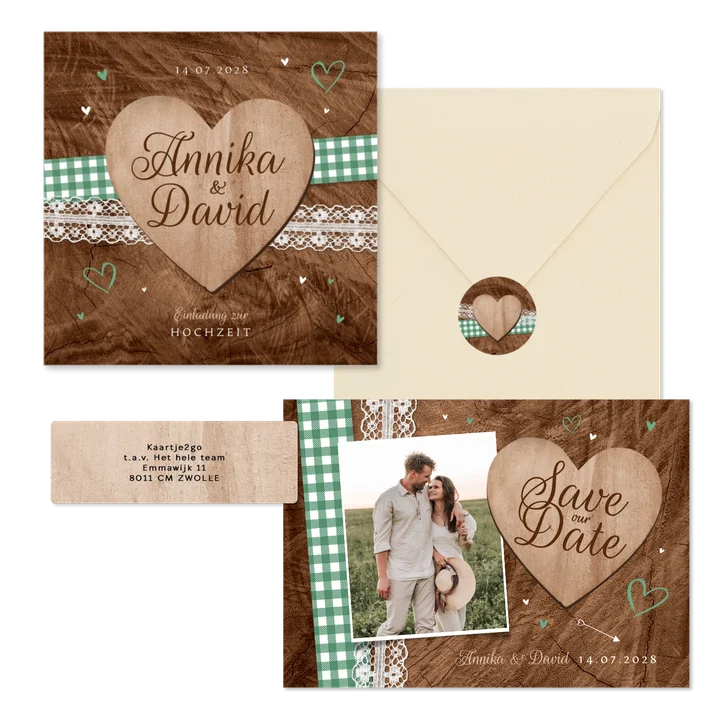 Hochzeitskartenset Trachtenlook auf Holz