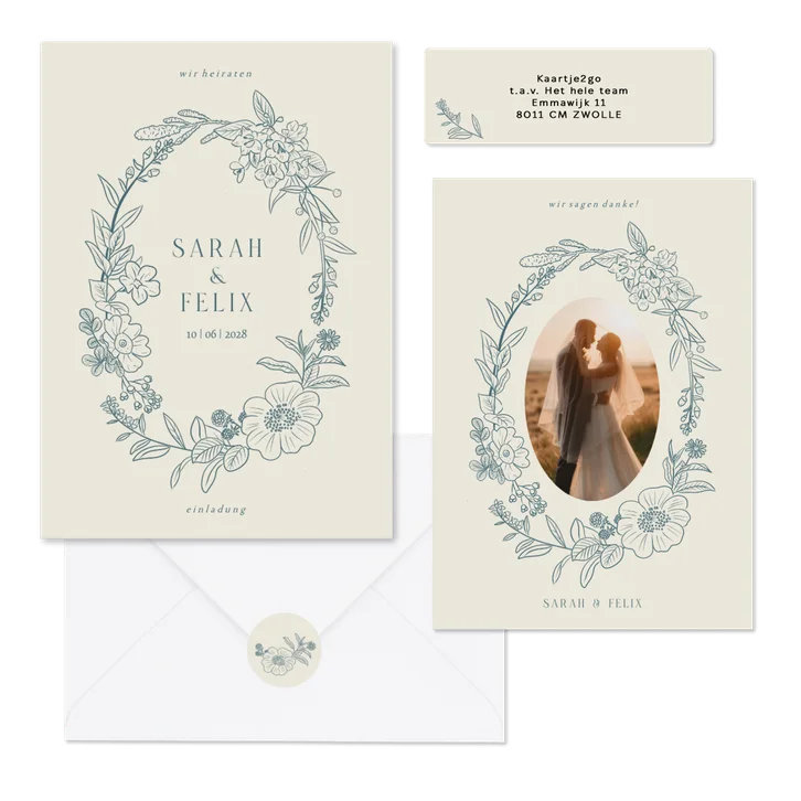 Hochzeitskartenset klassischer Blumenkranz in Blau