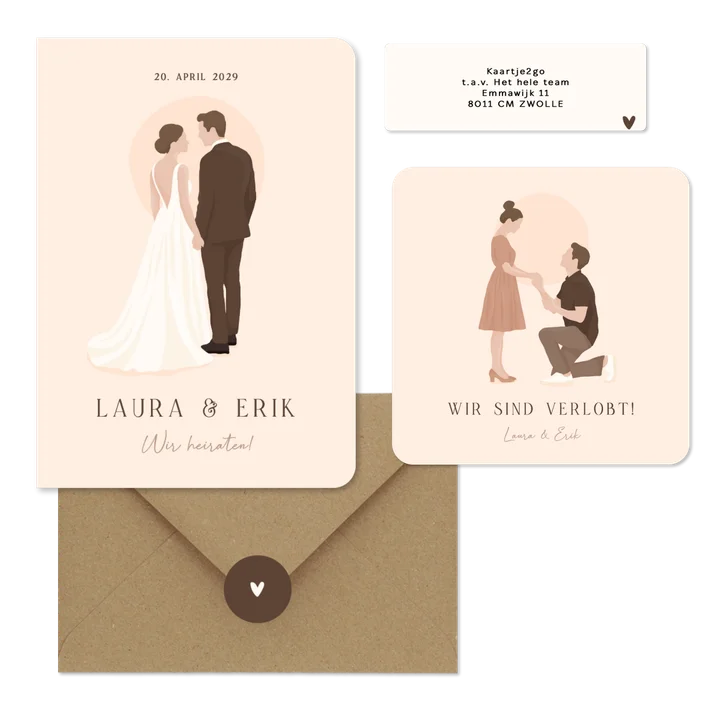 Hochzeitskartenset Illustrationen Brautpaar auf Beige