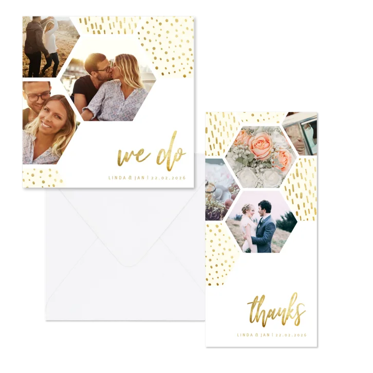 Hochzeitskartenset Fotocollage Sechseck mit Goldelementen