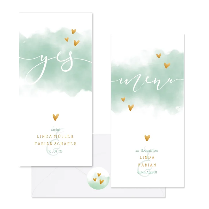 Hochzeitskartenset mintgrün Aquarell mit Herzen