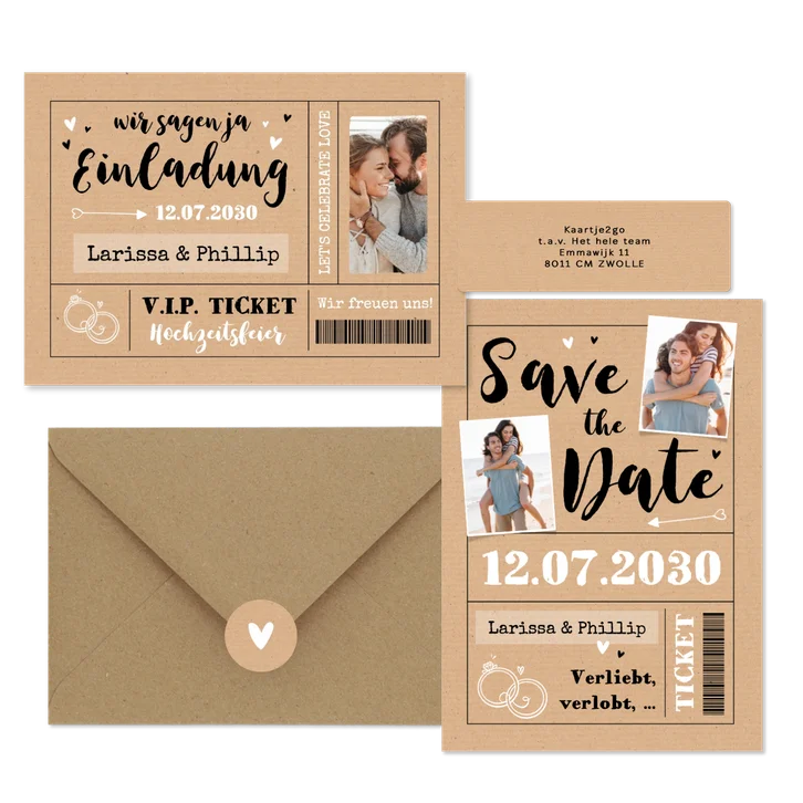 Hochzeitskarten als Ticket-Set in Kraftpapier