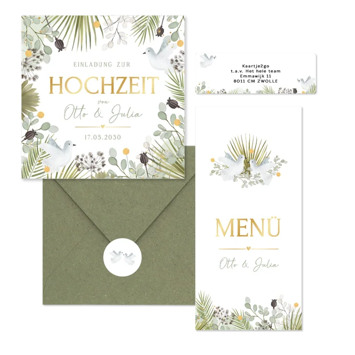 Hochzeit - Zwei weiße Tauben mit vielen grünen Zweigen
